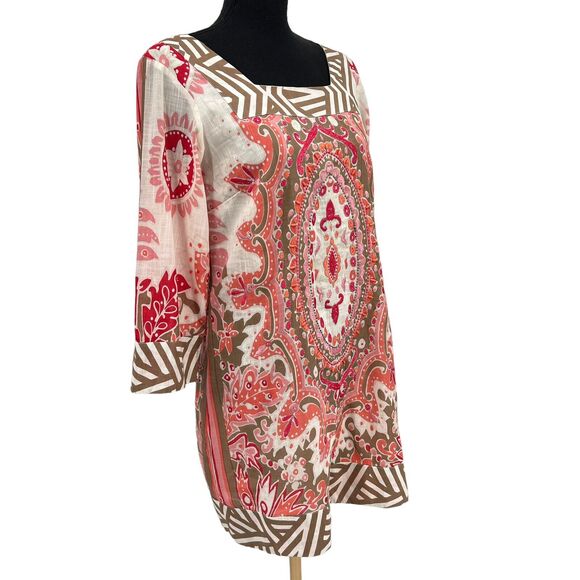 Pomodoro Embroidered Beaded Floral Square Neckline Pink Tan Shift Dress Sz 6 - Picture 3 of 6